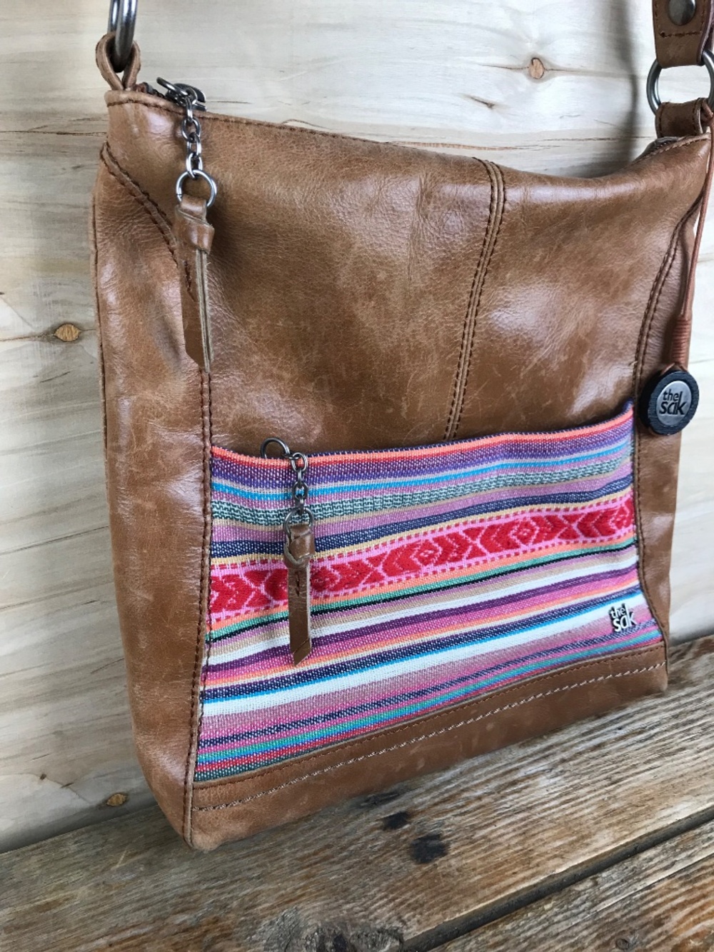 The Sak Brown Leather Boho Crossbody Woven Colorful Bag Purse Hippie - Picture 4 of 15
